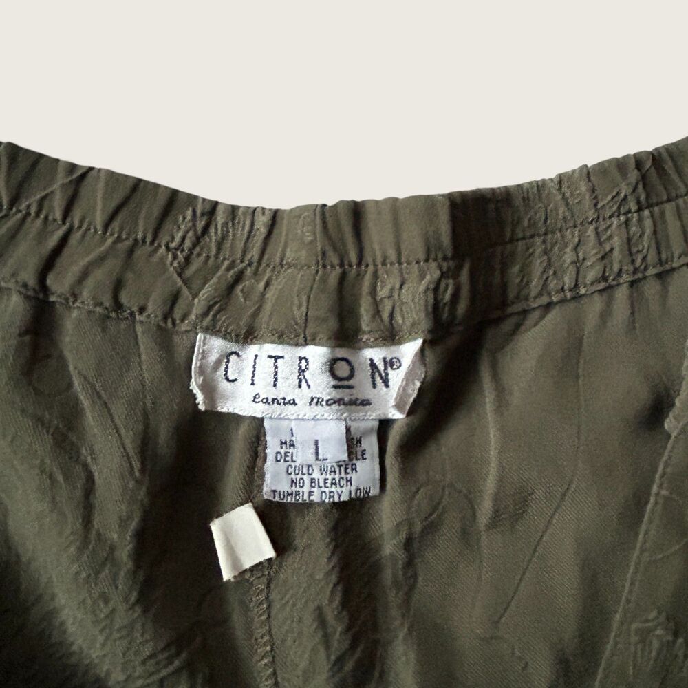 Citron Santa Monica 100% Silk Olive Green Pants Women Relaxed Embroidered Large - Picture 3 of 8
